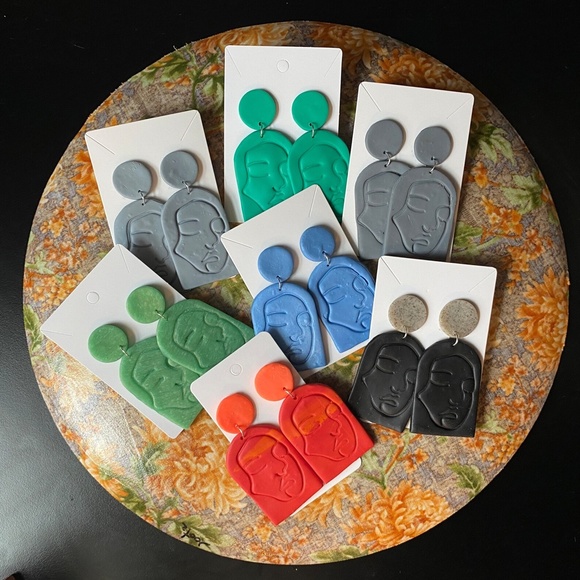 Handmade Clay Earrings | Face Outline Statue | Two Shades of Blue | Push Backs - Picture 4 of 4